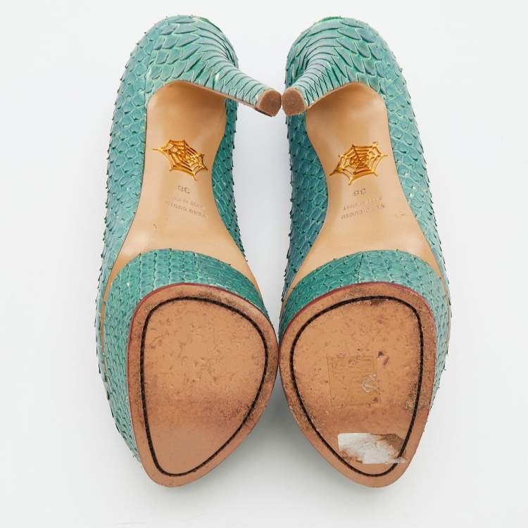 Pre Owned Charlotte Olympia Turquoise Blue Python Leather Priscilla Platform Pumps Size 38