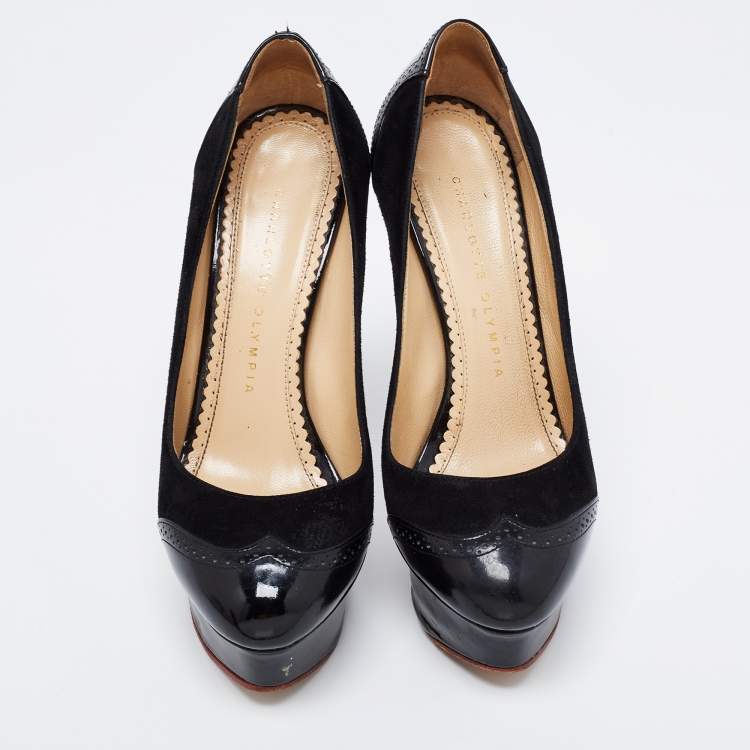 Pre Owned Charlotte Olympia Black Suede And Patent Leather Dolly Platform Pumps Size 36
