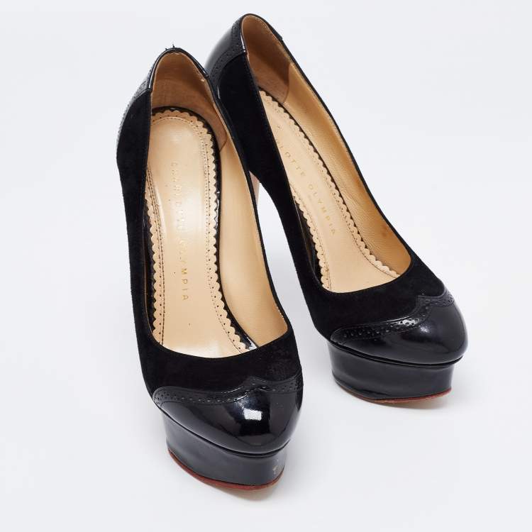 Pre Owned Charlotte Olympia Black Suede And Patent Leather Dolly Platform Pumps Size 36