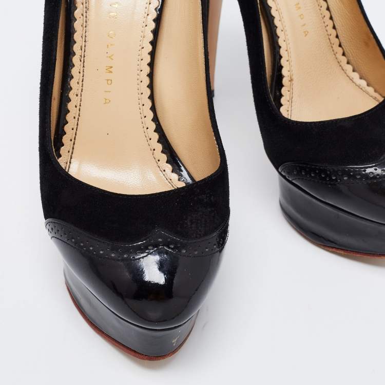 Pre Owned Charlotte Olympia Black Suede And Patent Leather Dolly Platform Pumps Size 36