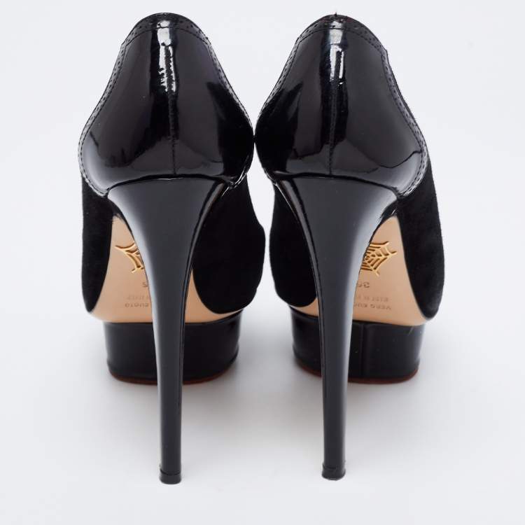 Pre Owned Charlotte Olympia Black Suede And Patent Leather Dolly Platform Pumps Size 36
