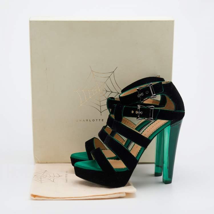 Pre Owned Charlotte Olympia Black Velvet Hortencia Strappy Platform Sandals Size 39