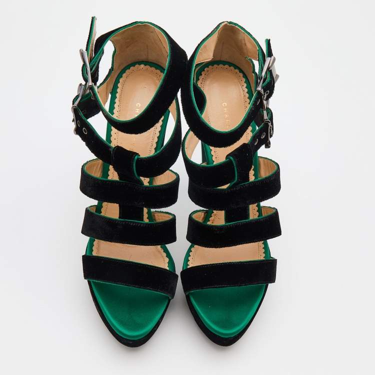 Pre Owned Charlotte Olympia Black Velvet Hortencia Strappy Platform Sandals Size 39