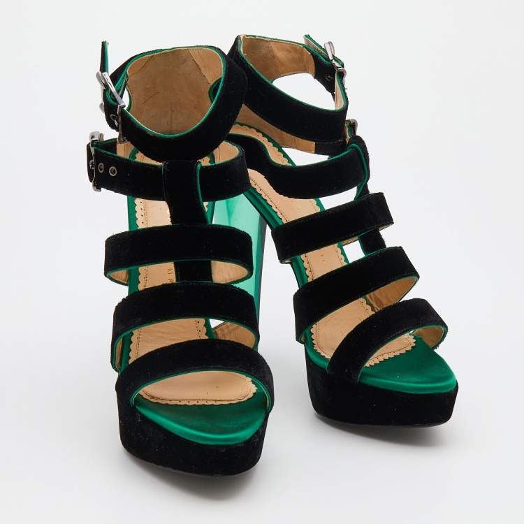 Pre Owned Charlotte Olympia Black Velvet Hortencia Strappy Platform Sandals Size 39