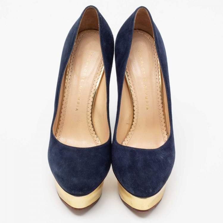Pre Owned Charlotte Olympia Navy Blue Suede Dolly Platform Pumps Size 38