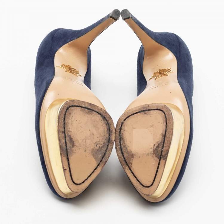 Pre Owned Charlotte Olympia Navy Blue Suede Dolly Platform Pumps Size 38