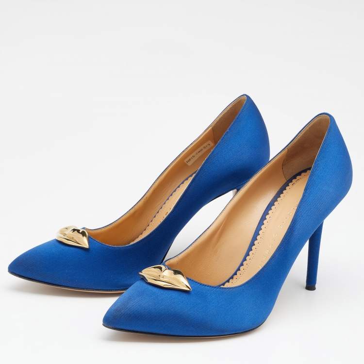 Pre Owned Charlotte Olympia Blue Satin Lippy Eva Pumps Size 39