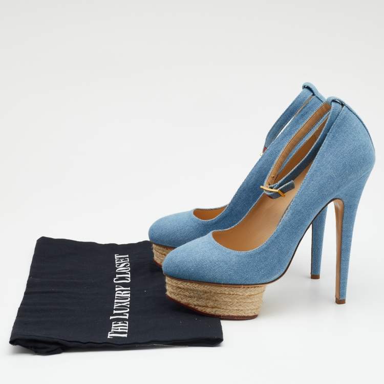 Pre Owned Charlotte Olympia Blue Denim Dolores Platform Ankle Strap Pumps Size 39