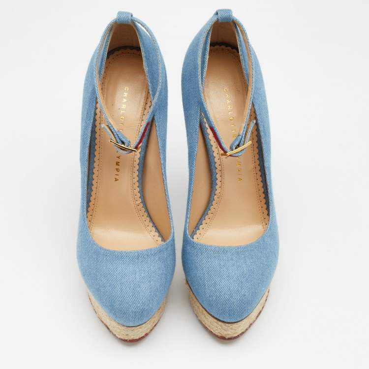 Pre Owned Charlotte Olympia Blue Denim Dolores Platform Ankle Strap Pumps Size 39