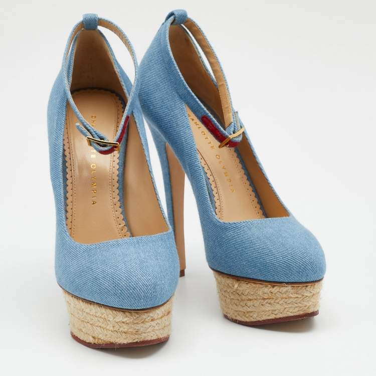 Pre Owned Charlotte Olympia Blue Denim Dolores Platform Ankle Strap Pumps Size 39