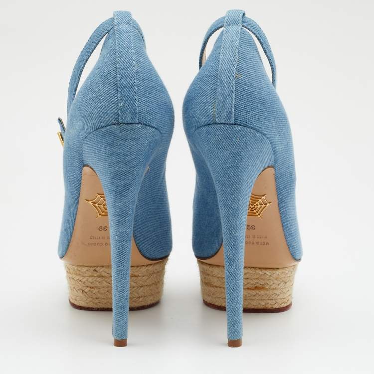 Pre Owned Charlotte Olympia Blue Denim Dolores Platform Ankle Strap Pumps Size 39