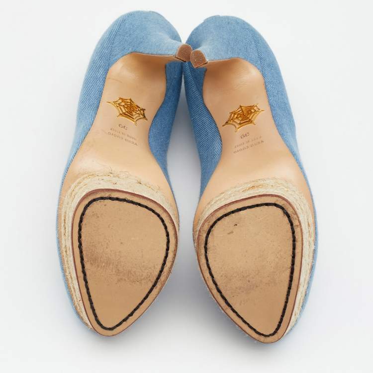 Pre Owned Charlotte Olympia Blue Denim Dolores Platform Ankle Strap Pumps Size 39