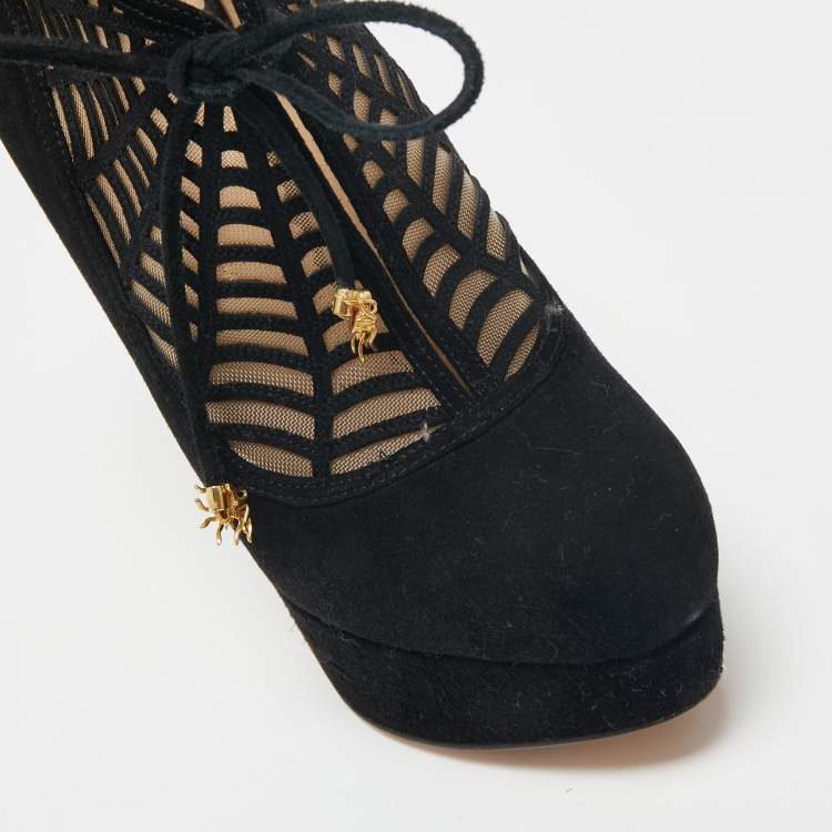 Pre Owned Charlotte Olympia Black Suede and Mesh Minerva Web Ankle Booties Size 37
