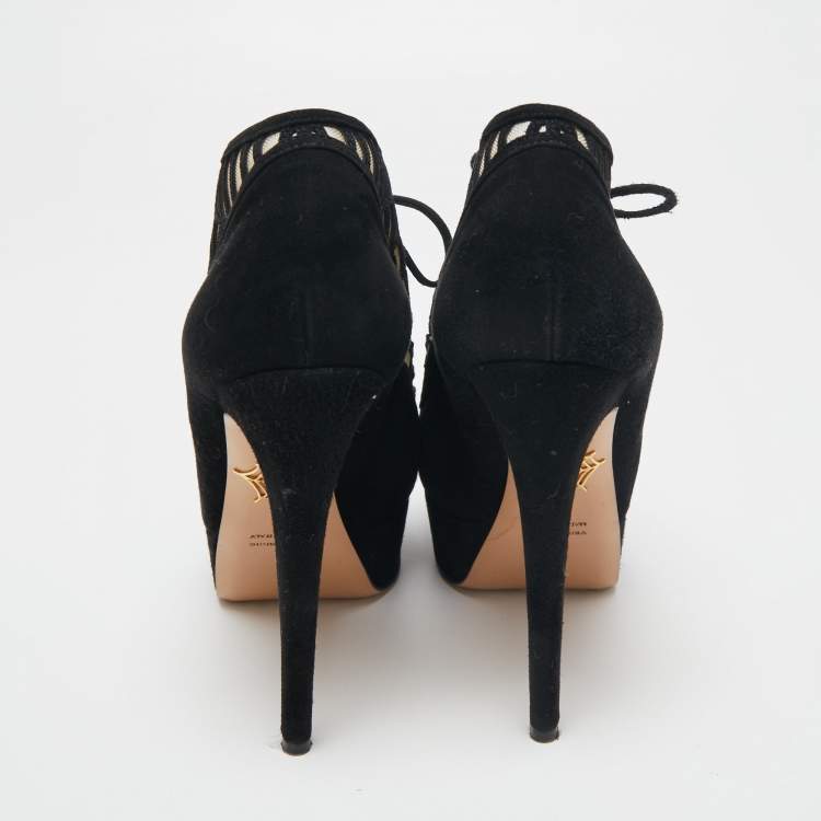 Pre Owned Charlotte Olympia Black Suede and Mesh Minerva Web Ankle Booties Size 37