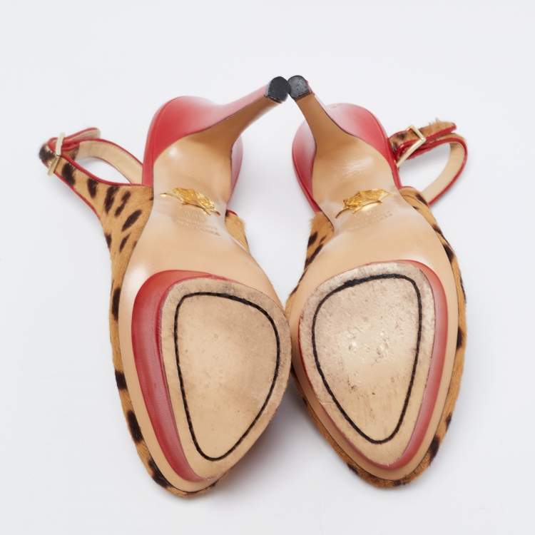 Pre Owned Charlotte Olympia Red/Brown Leopard Calf Hair And Leather Dolly Slingback Pumps Size 36.5