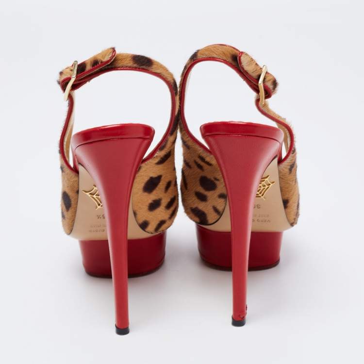 Pre Owned Charlotte Olympia Red/Brown Leopard Calf Hair And Leather Dolly Slingback Pumps Size 36.5