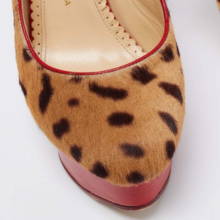 Pre Owned Charlotte Olympia Red/Brown Leopard Calf Hair And Leather Dolly Slingback Pumps Size 36.5