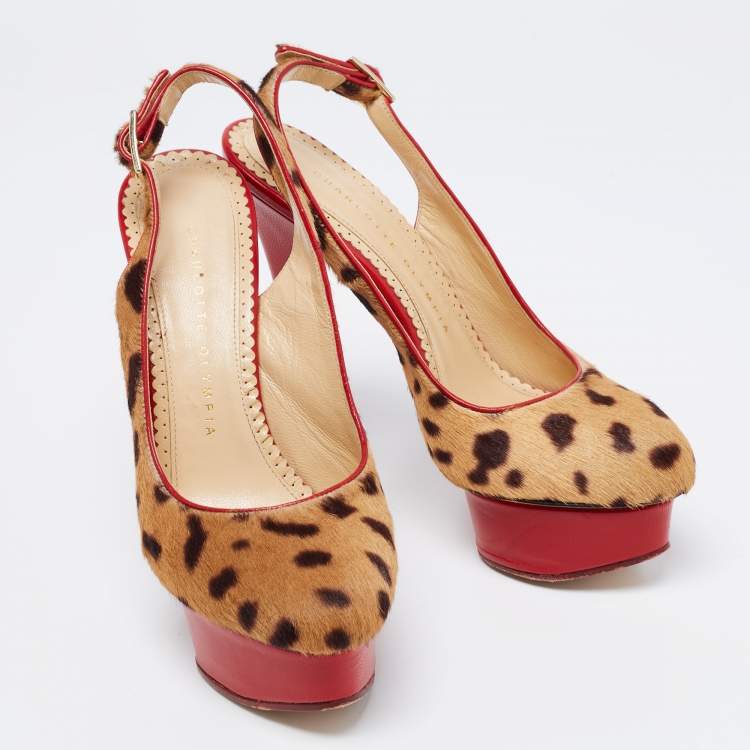 Pre Owned Charlotte Olympia Red/Brown Leopard Calf Hair And Leather Dolly Slingback Pumps Size 36.5