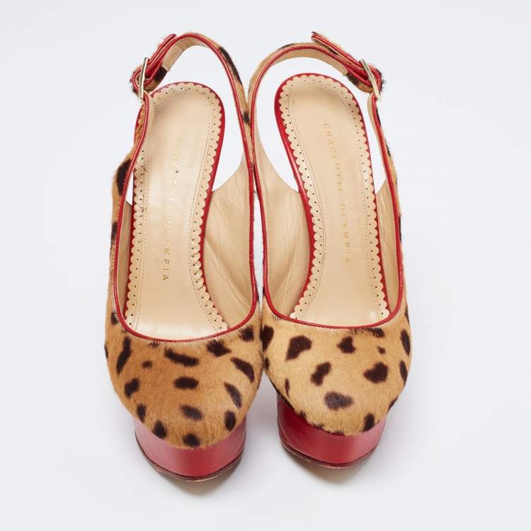 Pre Owned Charlotte Olympia Red/Brown Leopard Calf Hair And Leather Dolly Slingback Pumps Size 36.5