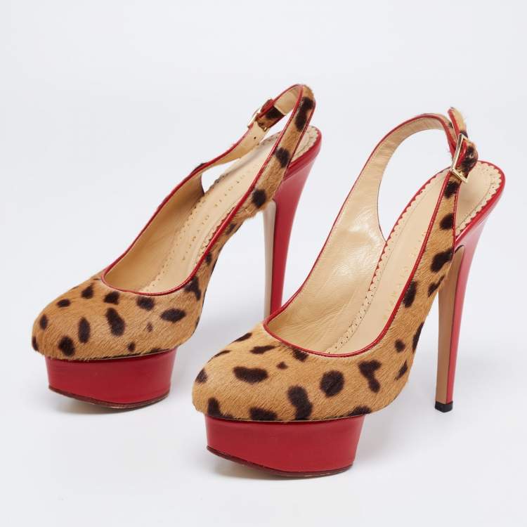 Pre Owned Charlotte Olympia Red/Brown Leopard Calf Hair And Leather Dolly Slingback Pumps Size 36.5