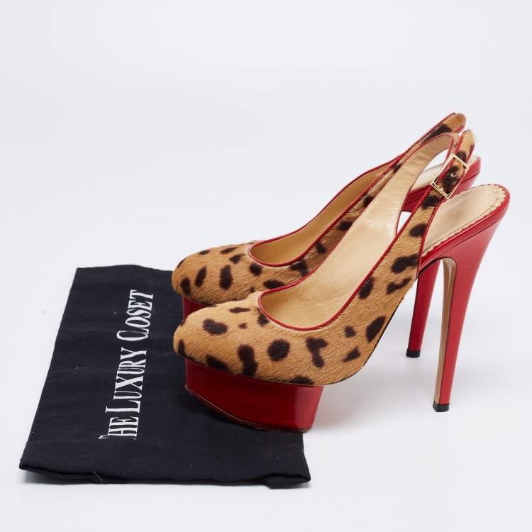 Pre Owned Charlotte Olympia Red/Brown Leopard Calf Hair And Leather Dolly Slingback Pumps Size 36.5