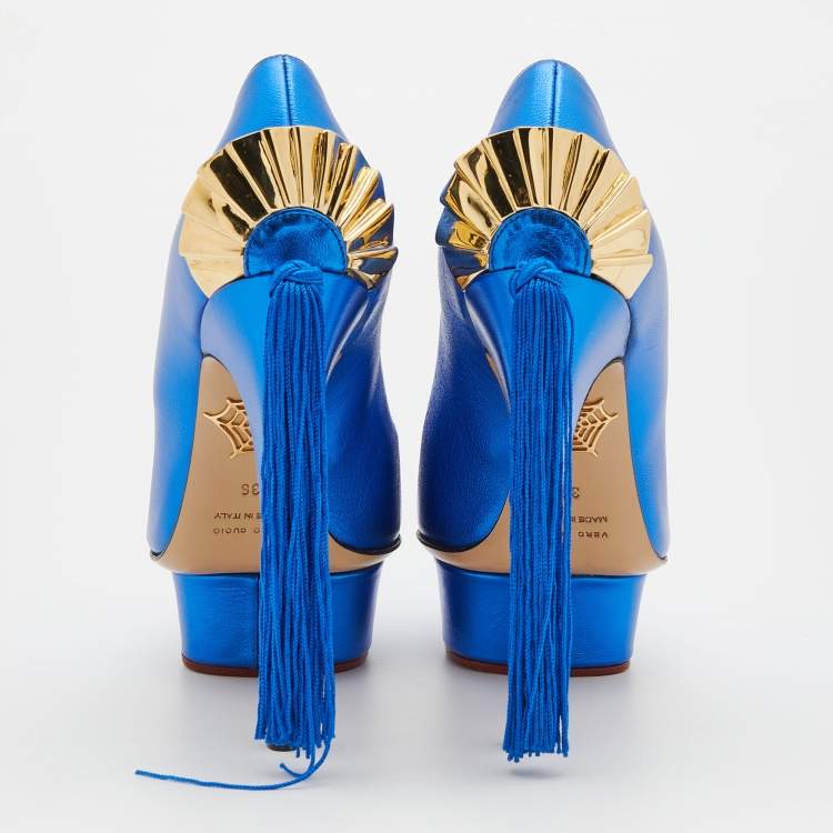 Pre Owned Charlotte Olympia Metallic Blue Leather Paloma Platform Pumps Size 36