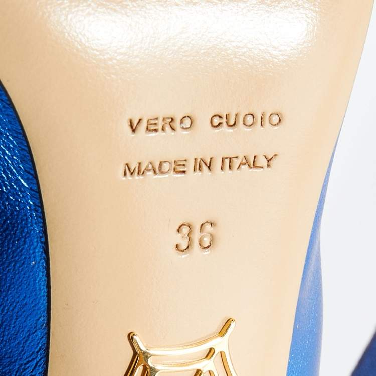 Pre Owned Charlotte Olympia Metallic Blue Leather Paloma Platform Pumps Size 36