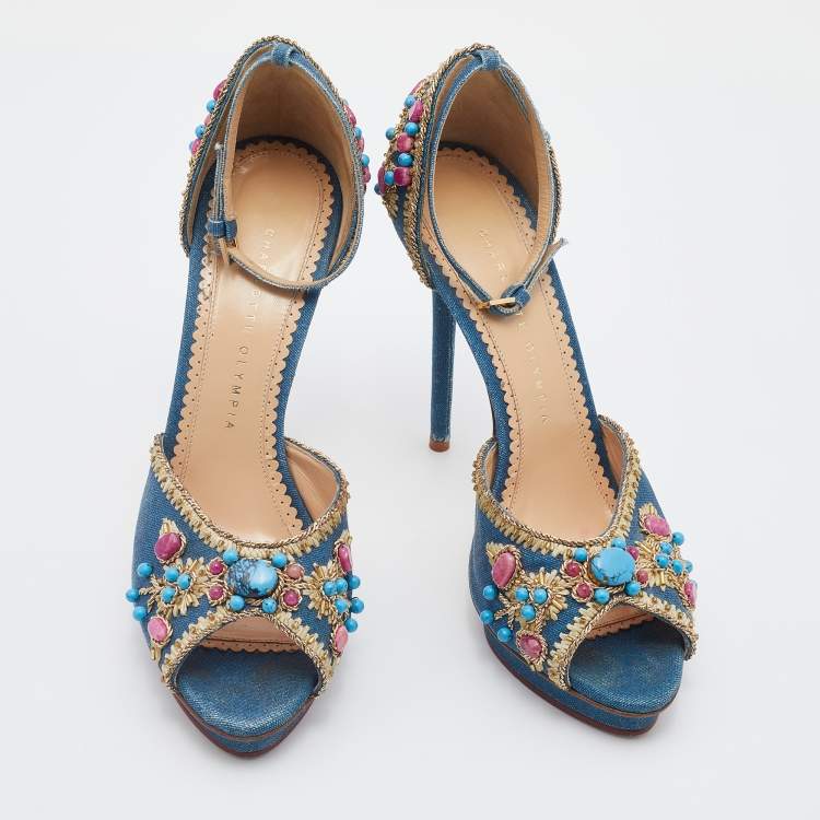 Pre Owned Charlotte Olympia Blue Canvas Stone Embellished Ankle Strap Sandals Size 40