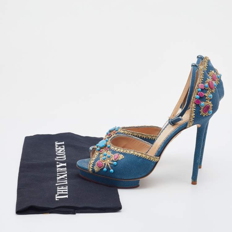 Pre Owned Charlotte Olympia Blue Canvas Stone Embellished Ankle Strap Sandals Size 40