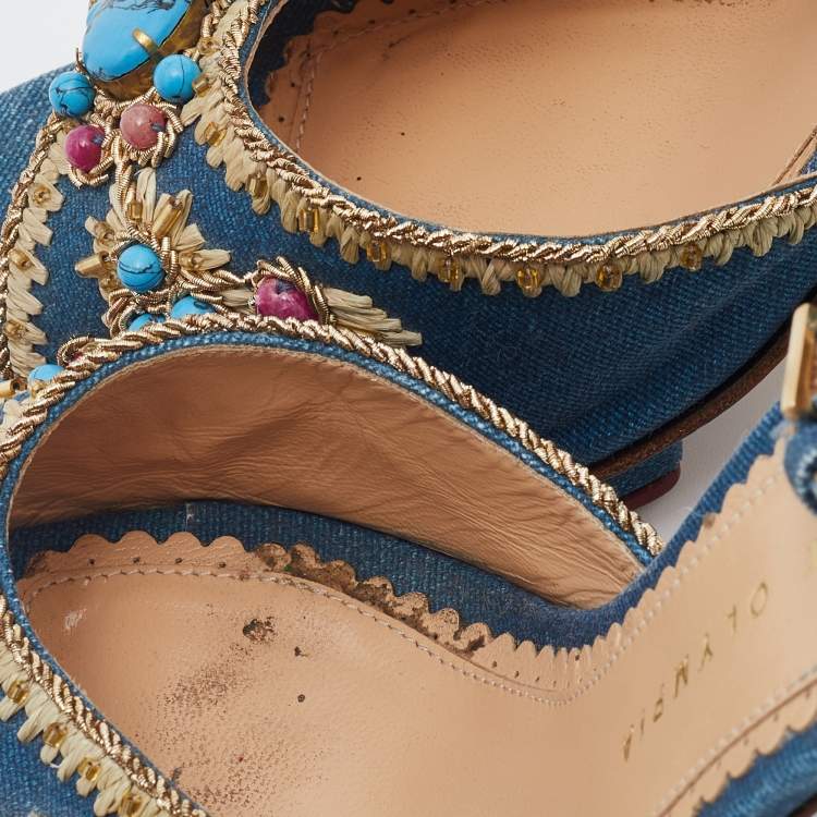 Pre Owned Charlotte Olympia Blue Canvas Stone Embellished Ankle Strap Sandals Size 40
