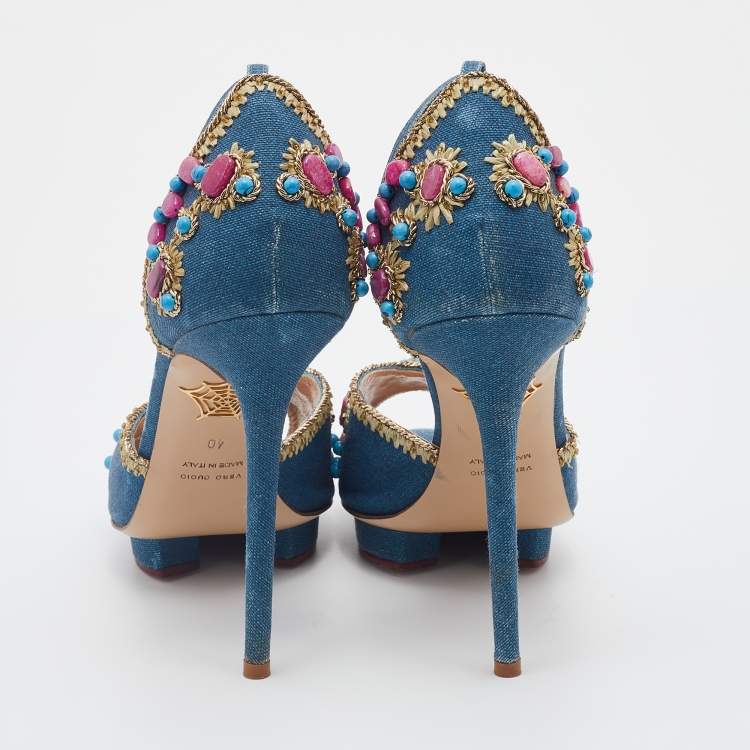 Pre Owned Charlotte Olympia Blue Canvas Stone Embellished Ankle Strap Sandals Size 40
