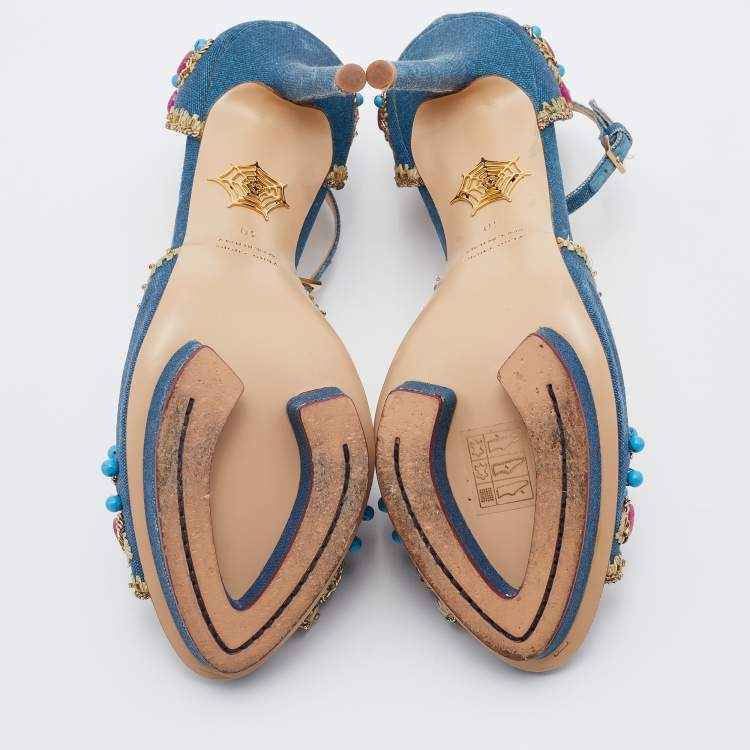 Pre Owned Charlotte Olympia Blue Canvas Stone Embellished Ankle Strap Sandals Size 40
