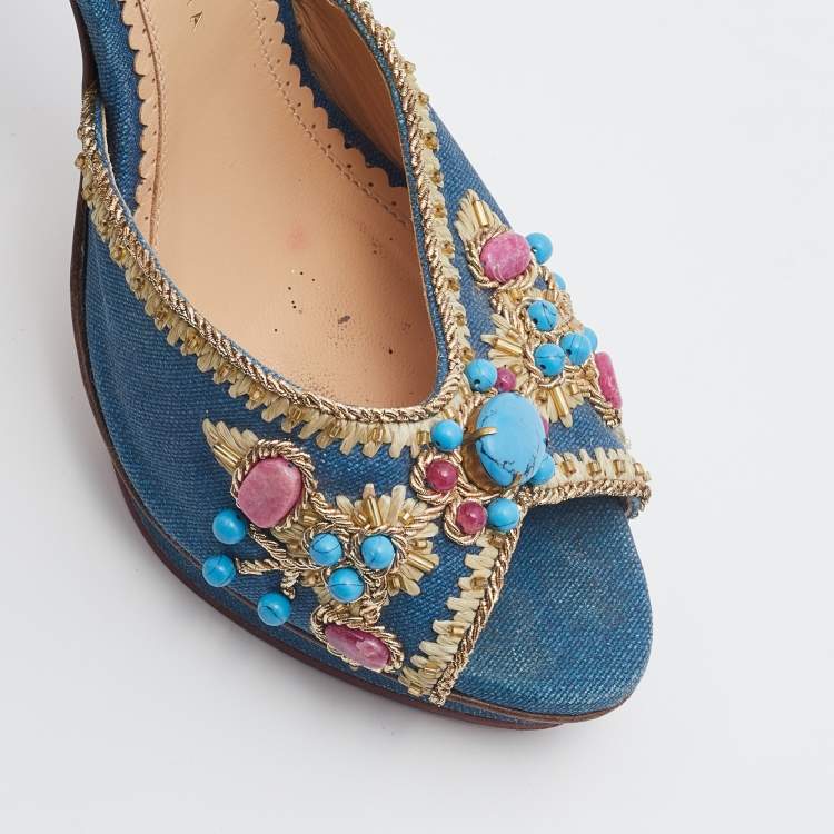 Pre Owned Charlotte Olympia Blue Canvas Stone Embellished Ankle Strap Sandals Size 40