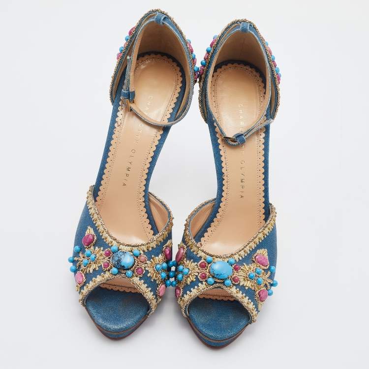 Pre Owned Charlotte Olympia Blue Canvas Stone Embellished Ankle Strap Sandals Size 40