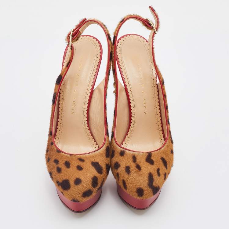 مملوكة مسبقًا Charlotte Olympia Brown Leopard Pony Hair Dolly Slingback Platform Sandals Size 39