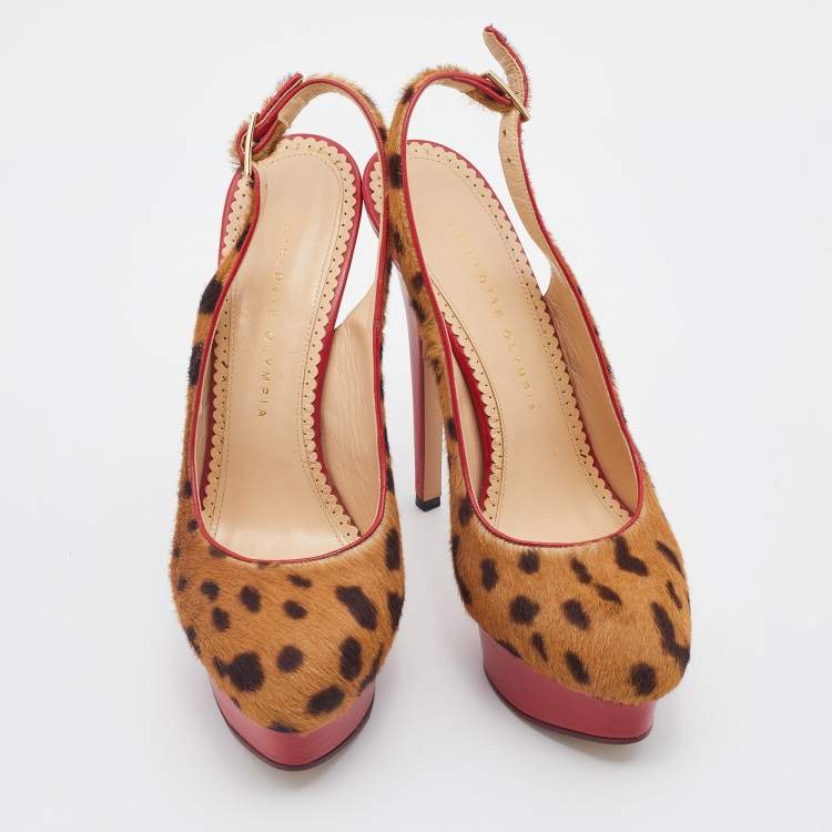مملوكة مسبقًا Charlotte Olympia Brown Leopard Pony Hair Dolly Slingback Platform Sandals Size 39