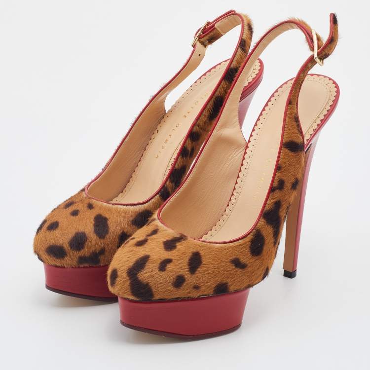 مملوكة مسبقًا Charlotte Olympia Brown Leopard Pony Hair Dolly Slingback Platform Sandals Size 39