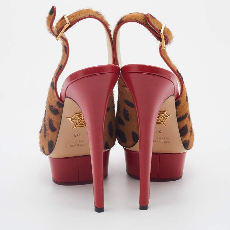 مملوكة مسبقًا Charlotte Olympia Brown Leopard Pony Hair Dolly Slingback Platform Sandals Size 39