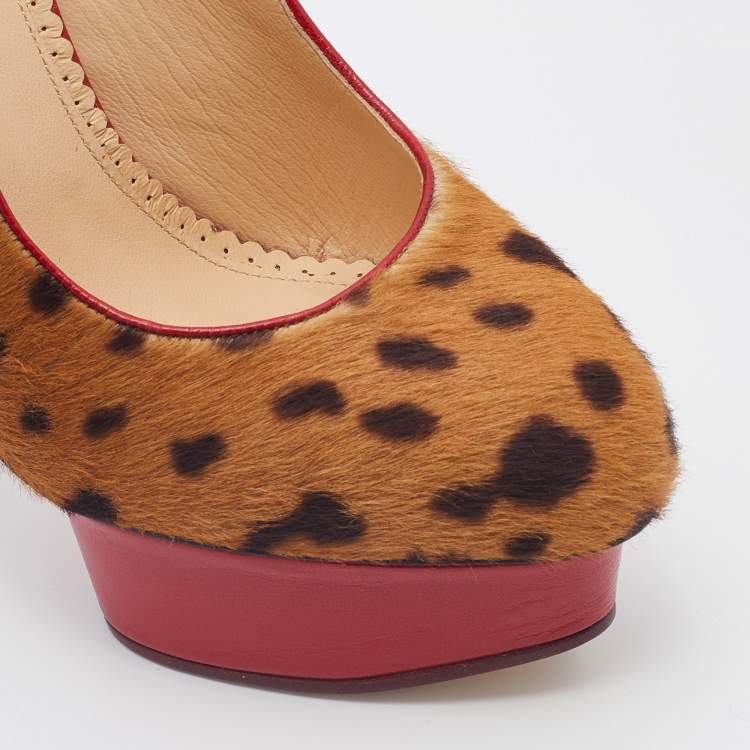مملوكة مسبقًا Charlotte Olympia Brown Leopard Pony Hair Dolly Slingback Platform Sandals Size 39