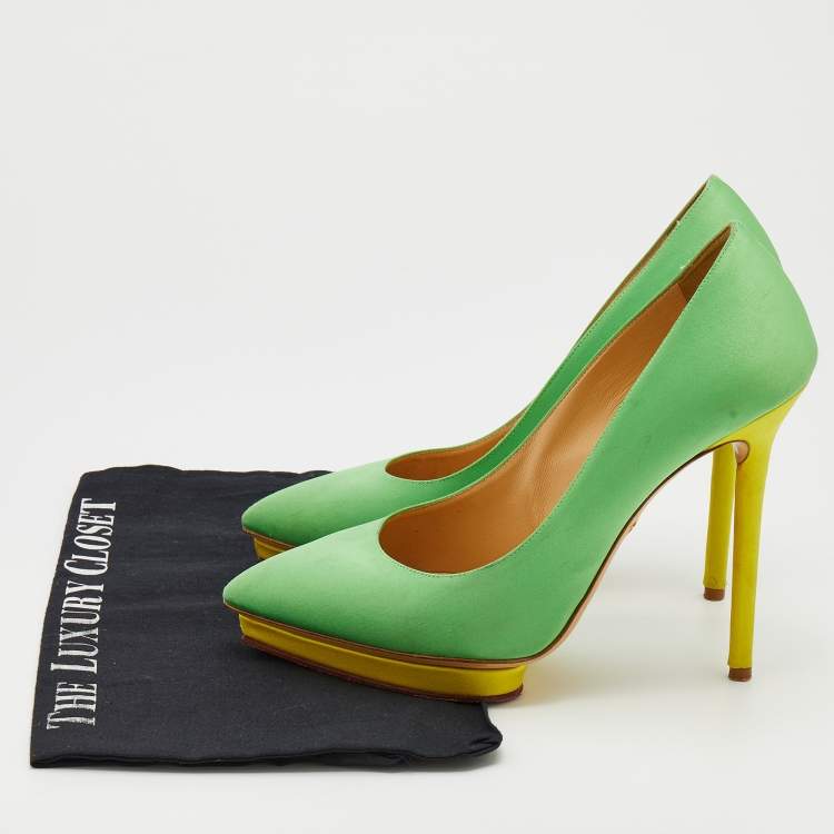 Pre Owned Charlotte Olympia Green Satin Debonaire Pointed Toe Platform Pumps Size 39