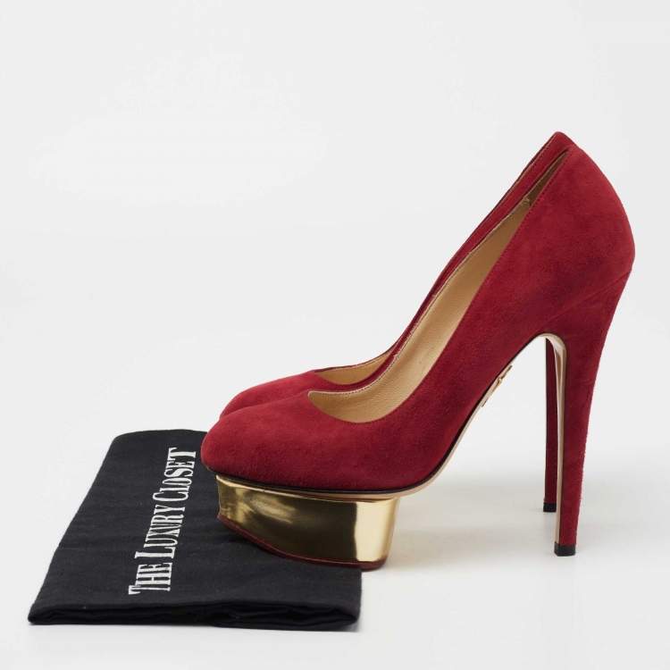 Pre Owned Charlotte Olympia Deep Red Suede Dolly Platform Pumps Size 36