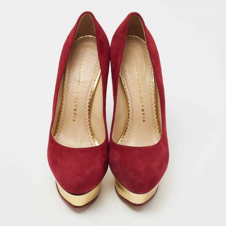 Pre Owned Charlotte Olympia Deep Red Suede Dolly Platform Pumps Size 36