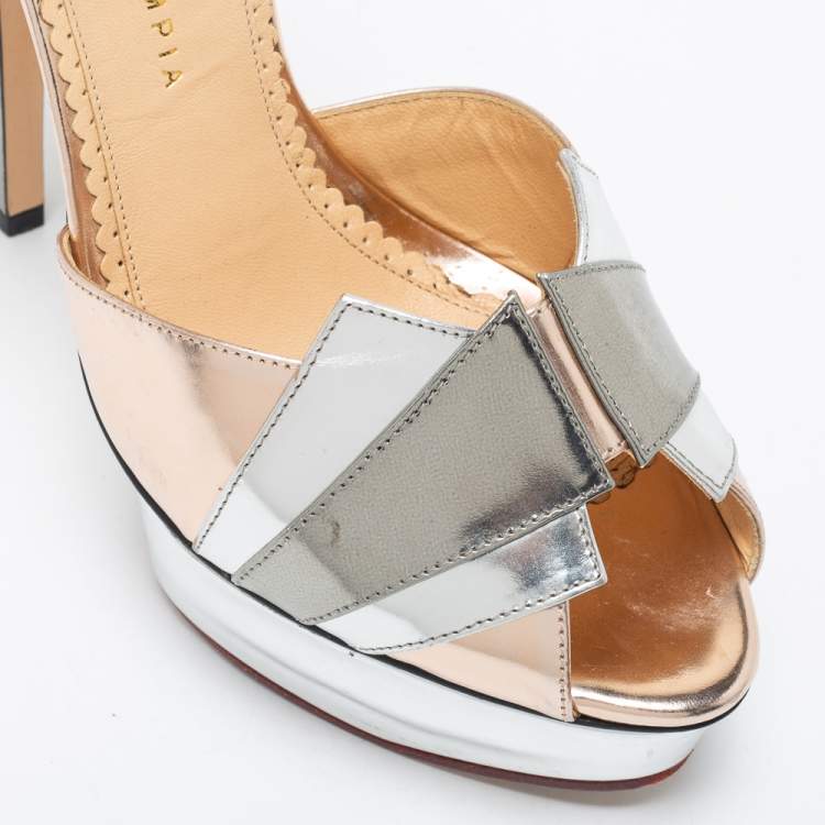 Pre Owned Charlotte Olympia Metallic Leather Platform Ankle Strap Sandals Size 40