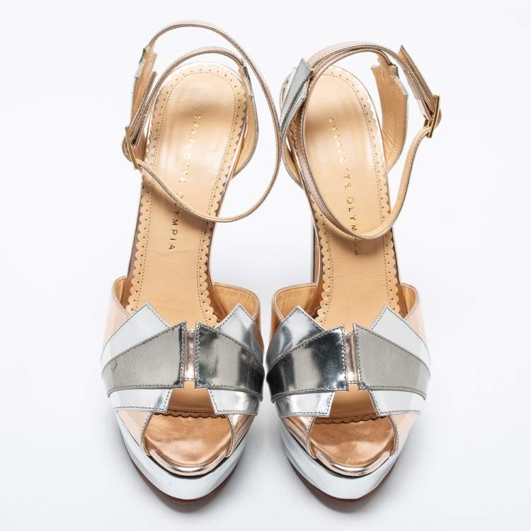 Pre Owned Charlotte Olympia Metallic Leather Platform Ankle Strap Sandals Size 40