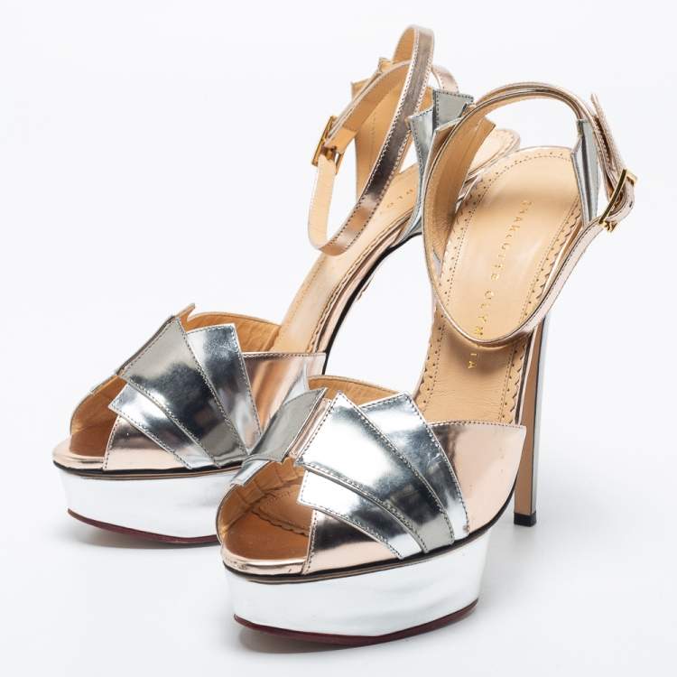 Pre Owned Charlotte Olympia Metallic Leather Platform Ankle Strap Sandals Size 40