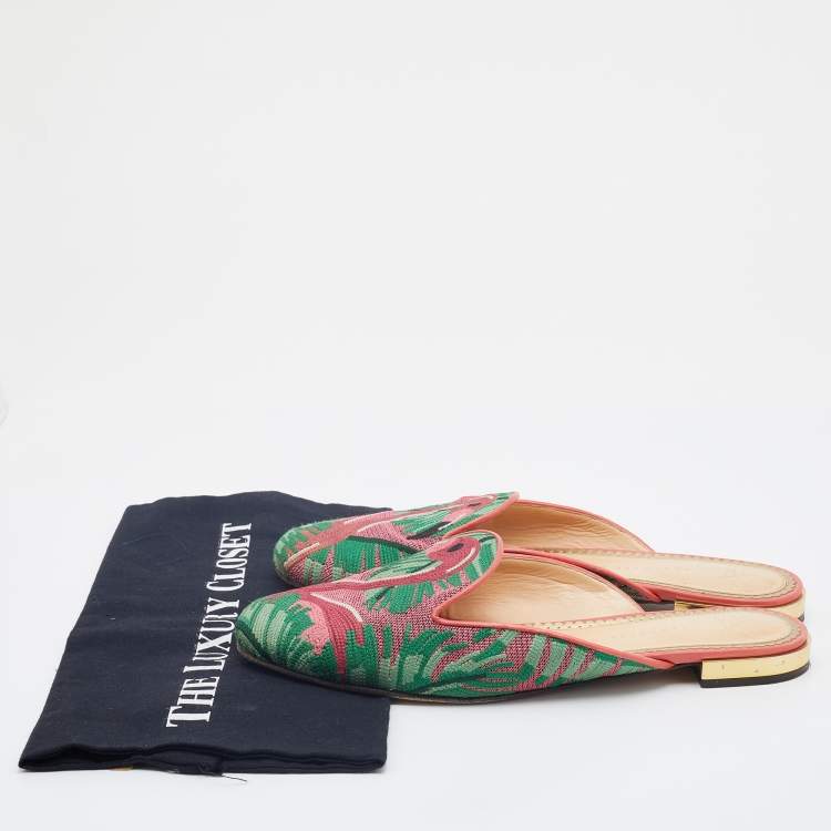 مملوكة مسبقًا Charlotte Olympia Multicolor Flamingo Embroidered Fabric Flat Mules Size 39.5