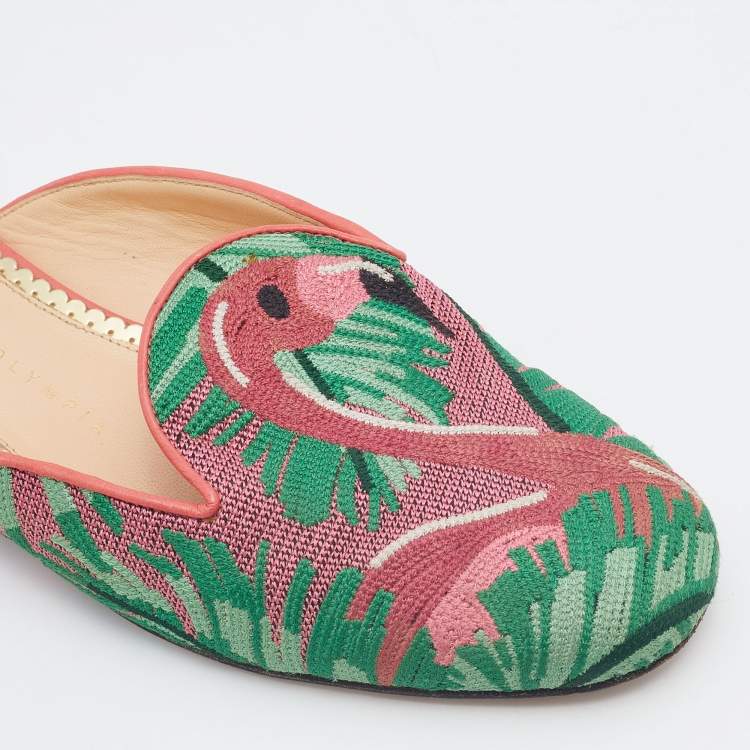 مملوكة مسبقًا Charlotte Olympia Multicolor Flamingo Embroidered Fabric Flat Mules Size 39.5
