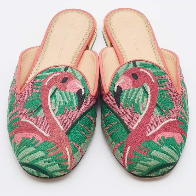 مملوكة مسبقًا Charlotte Olympia Multicolor Flamingo Embroidered Fabric Flat Mules Size 39.5