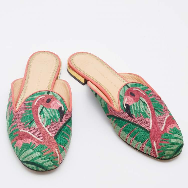مملوكة مسبقًا Charlotte Olympia Multicolor Flamingo Embroidered Fabric Flat Mules Size 39.5