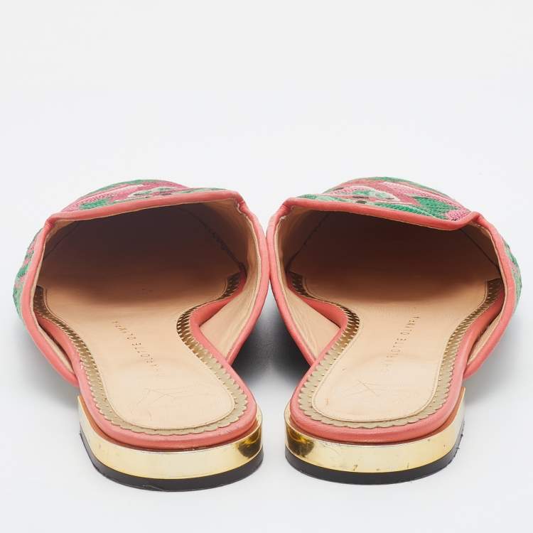 مملوكة مسبقًا Charlotte Olympia Multicolor Flamingo Embroidered Fabric Flat Mules Size 39.5